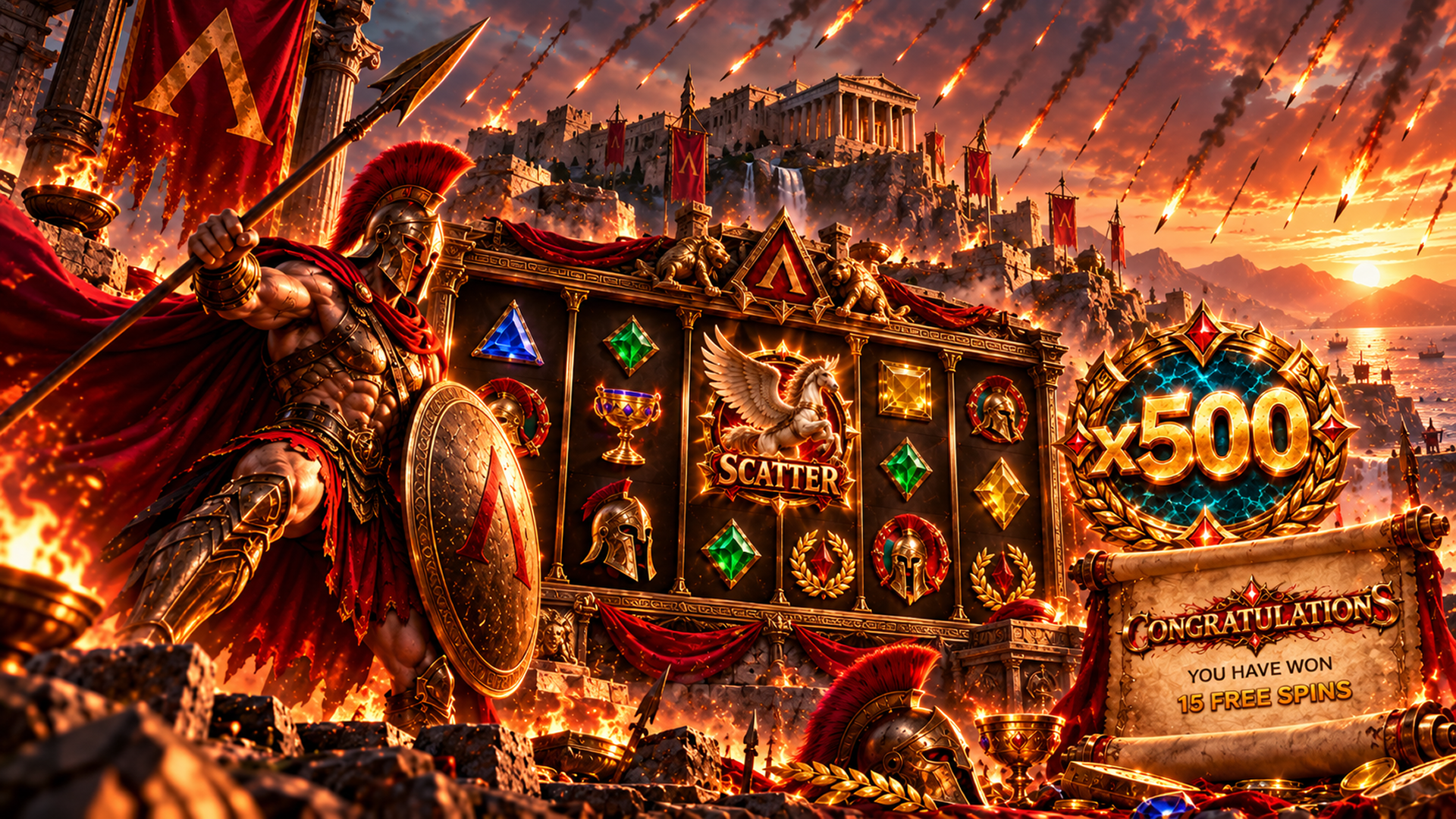 Spartan battlefield, reels, multiplier and free-spins presentation